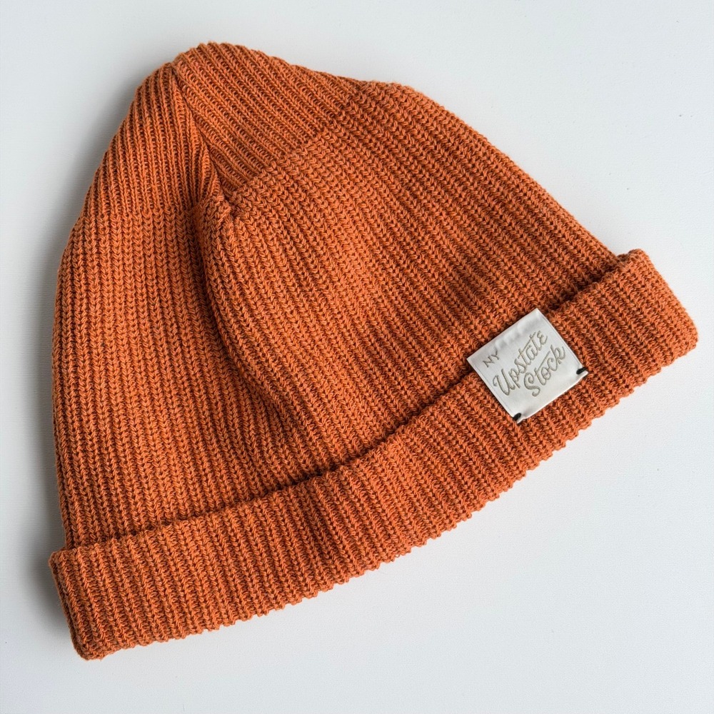 Upstate Stock Upcycled Cotton Blend Beanie Burnt Orange Ribbed Knit Made in USA